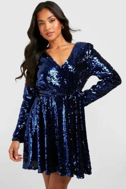 Wrap Dresses*boohoo Petite Sequin Wrap Belted Skater Dress cobalt