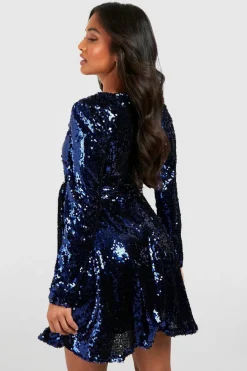 Wrap Dresses*boohoo Petite Sequin Wrap Belted Skater Dress cobalt