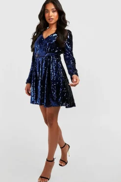 Wrap Dresses*boohoo Petite Sequin Wrap Belted Skater Dress cobalt