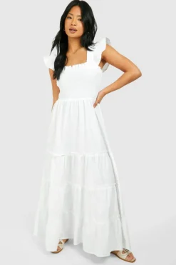 Smock Dresses*boohoo Petite Shirred Poplin Midaxi Dress ivory