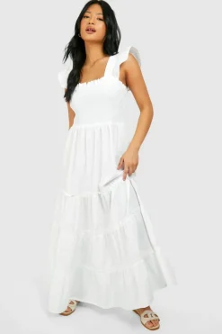 Smock Dresses*boohoo Petite Shirred Poplin Midaxi Dress ivory