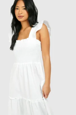 Smock Dresses*boohoo Petite Shirred Poplin Midaxi Dress ivory