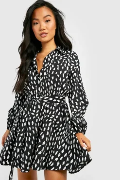 Shirt Dresses|Mini Dresses*boohoo Petite Smudge Print Skater Shirt Dress black
