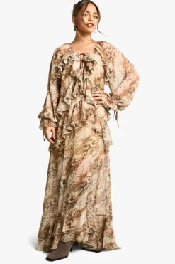 Smock Dresses*boohoo Petite Snake Ruffle Detail Chiffon Maxi Dress natural
