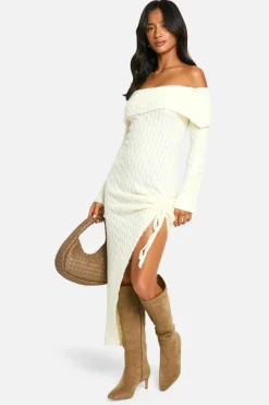 Jumper Dresses|Jumper Dresses*boohoo Petite Soft Cable Asymmetric Hem Bardot Maxi Dress butter