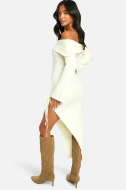 Jumper Dresses|Jumper Dresses*boohoo Petite Soft Cable Asymmetric Hem Bardot Maxi Dress butter
