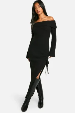 Maxi Dresses|Jumper Dresses*boohoo Petite Soft Cable Asymmetric Hem Bardot Maxi Dress black