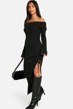 Maxi Dresses|Jumper Dresses*boohoo Petite Soft Cable Asymmetric Hem Bardot Maxi Dress black