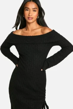 Maxi Dresses|Jumper Dresses*boohoo Petite Soft Cable Asymmetric Hem Bardot Maxi Dress black