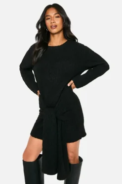 Jumper Dresses|Jumper Dresses*boohoo Petite Soft Cable Oversized Tie Detail Knitted Mini Dress black