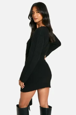 Jumper Dresses|Jumper Dresses*boohoo Petite Soft Cable Oversized Tie Detail Knitted Mini Dress black