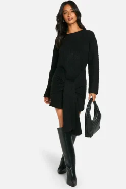 Jumper Dresses|Jumper Dresses*boohoo Petite Soft Cable Oversized Tie Detail Knitted Mini Dress black