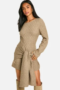 Jumper Dresses|Jumper Dresses*boohoo Petite Soft Cable Oversized Tie Detail Knitted Mini Dress mocha