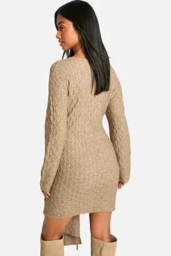 Jumper Dresses|Jumper Dresses*boohoo Petite Soft Cable Oversized Tie Detail Knitted Mini Dress mocha