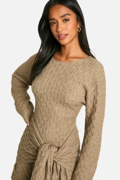 Jumper Dresses|Jumper Dresses*boohoo Petite Soft Cable Oversized Tie Detail Knitted Mini Dress mocha