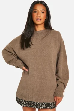 Jumpers|Knitwear*boohoo Petite Soft Knit Crew Neck Longline Jumper taupe