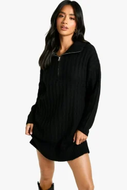 Jumper Dresses|Jumper Dresses*boohoo Petite Soft Knit Thick Rib Zip Neck Oversize Mini Dress black