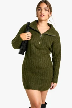 Jumper Dresses|Jumper Dresses*boohoo Petite Soft Knit Thick Rib Zip Neck Oversize Mini Dress khaki