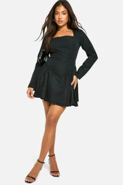 Skater Dresses*boohoo Petite Square Neck Drop Waist Skater Dress black