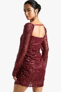 Mini Dresses|Long Sleeve Dresses*boohoo Petite Square Neck Pearl Sequin Mini Dress wine