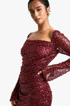 Mini Dresses|Long Sleeve Dresses*boohoo Petite Square Neck Pearl Sequin Mini Dress wine
