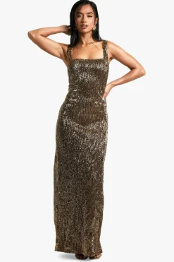Maxi Dresses*boohoo Petite Square Neck Pleated Sequin Maxi Dress gold