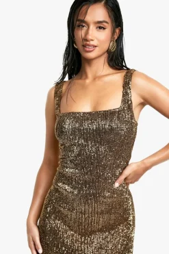Maxi Dresses*boohoo Petite Square Neck Pleated Sequin Maxi Dress gold