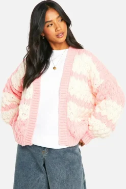 Cardigans|Knitwear*boohoo Petite Stripe Bubble Knit Chunky Cardigan pink
