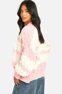 Cardigans|Knitwear*boohoo Petite Stripe Bubble Knit Chunky Cardigan pink