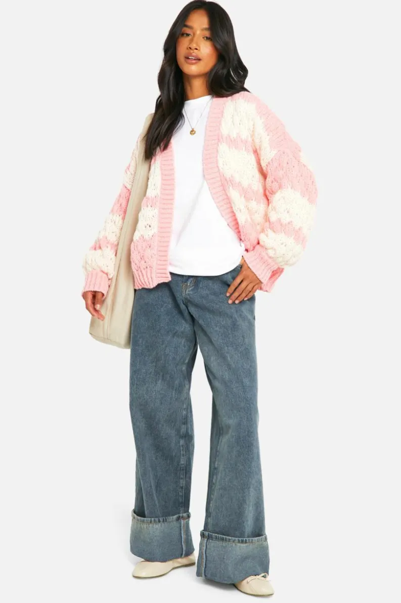 Cardigans|Knitwear*boohoo Petite Stripe Bubble Knit Chunky Cardigan pink