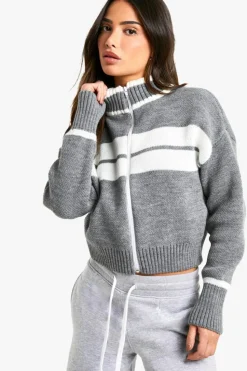 Cardigans|Knitwear*boohoo Petite Stripe Detail Oversized Zip Through Bomber Cardigan grey
