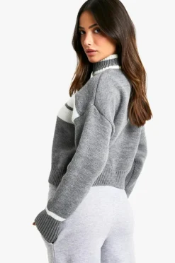 Cardigans|Knitwear*boohoo Petite Stripe Detail Oversized Zip Through Bomber Cardigan grey