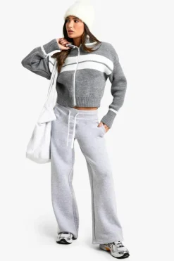 Cardigans|Knitwear*boohoo Petite Stripe Detail Oversized Zip Through Bomber Cardigan grey