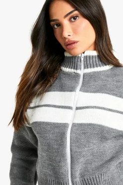 Cardigans|Knitwear*boohoo Petite Stripe Detail Oversized Zip Through Bomber Cardigan grey