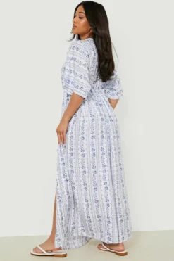 Wrap Dresses*boohoo Petite Stripe Floral Wrap Maxi Dress blue