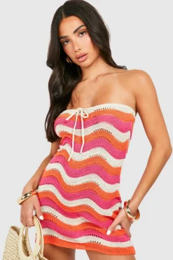 Jumper Dresses|Jumper Dresses*boohoo Petite Stripe Knit Bandeau Mini Dress pink
