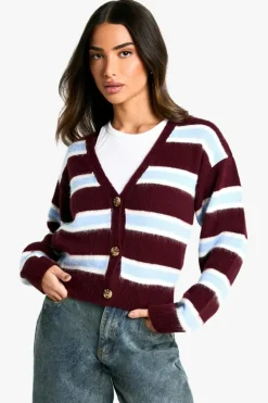 Cardigans*boohoo Petite Stripe Knitted Cardigan burgundy