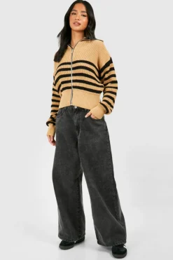 Cardigans*boohoo Petite Stripe Zip Through Cardigan camel