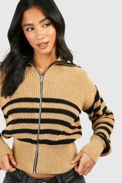 Cardigans*boohoo Petite Stripe Zip Through Cardigan camel