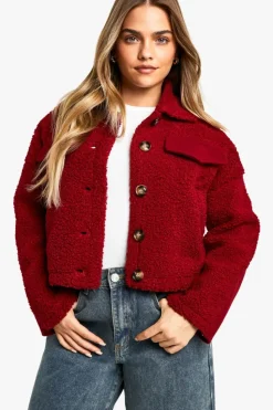 Up To 80% Off Winter Warmers|Teddy Jackets*boohoo Petite Teddy Detail Wool Look Jacket wine