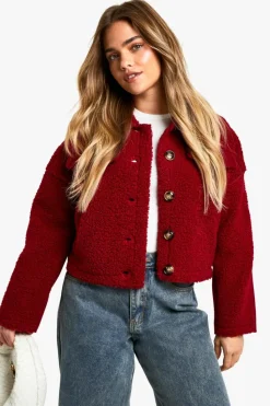 Up To 80% Off Winter Warmers|Teddy Jackets*boohoo Petite Teddy Detail Wool Look Jacket wine