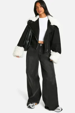 Up To 80% Off Winter Warmers|Biker Jackets*boohoo Petite Teddy Faux Fur Trim Biker Jacket black