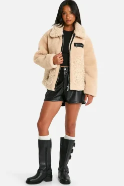 Up To 80% Off Winter Warmers|Teddy Jackets*boohoo Petite Teddy Mixed Faux Fur Aviator sand