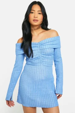 Skater Dresses*boohoo Petite Textured Bardot Mini Dress blue