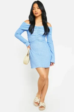 Skater Dresses*boohoo Petite Textured Bardot Mini Dress blue