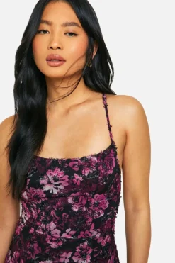 Maxi Dresses*boohoo Petite Textured Floral Chiffon Ruffle Maxi Dress purple