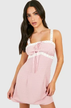 Smock Dresses*boohoo Petite Textured Woven Lace Trim Mini Dress pink