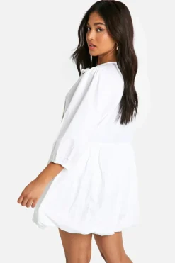 Skater Dresses*boohoo Petite Tie Front Volume Sleeve Skater Dress white
