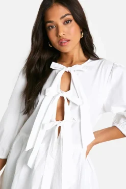 Skater Dresses*boohoo Petite Tie Front Volume Sleeve Skater Dress white