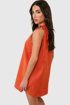 Smock Dresses*boohoo Petite Tie Neck Mini Dress terracotta